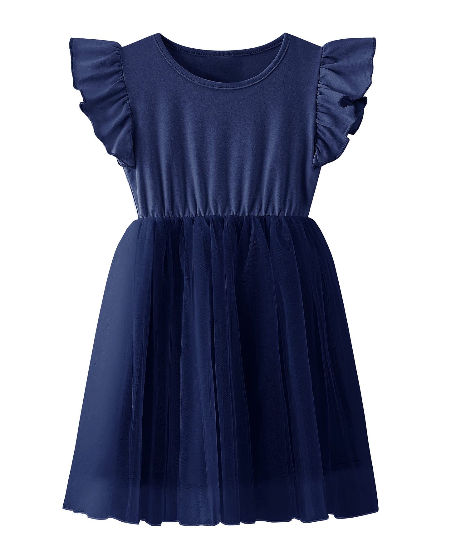 Twkioue Girl Ruffle Sleeve Dress Crewneck Tutu Tulle Fluffy Solid Color Dresses 817 Navy Blue 130