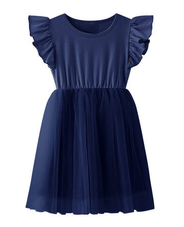Twkioue Girl Ruffle Sleeve Dress Crewneck Tutu Tulle Fluffy Solid Color Dresses 817 Navy Blue 130