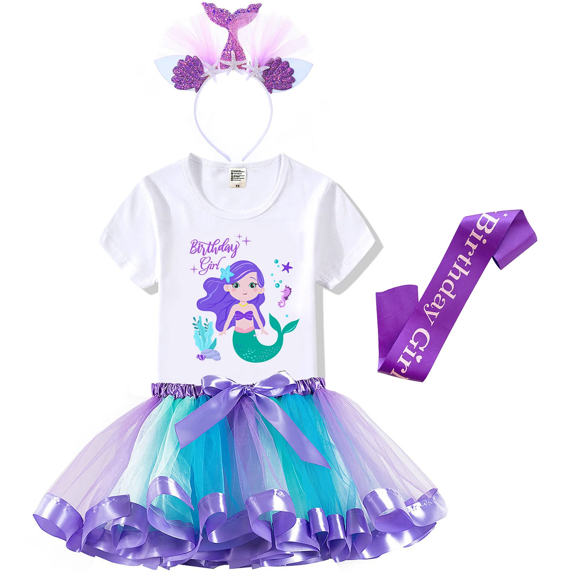Mermaid Outfit Set - Shirt, Rainbow Tutu Dress, Satin Sash, Headband - Birthday Gifts For Girls Costume (Rainbow Mermaid 3, 6 Ye