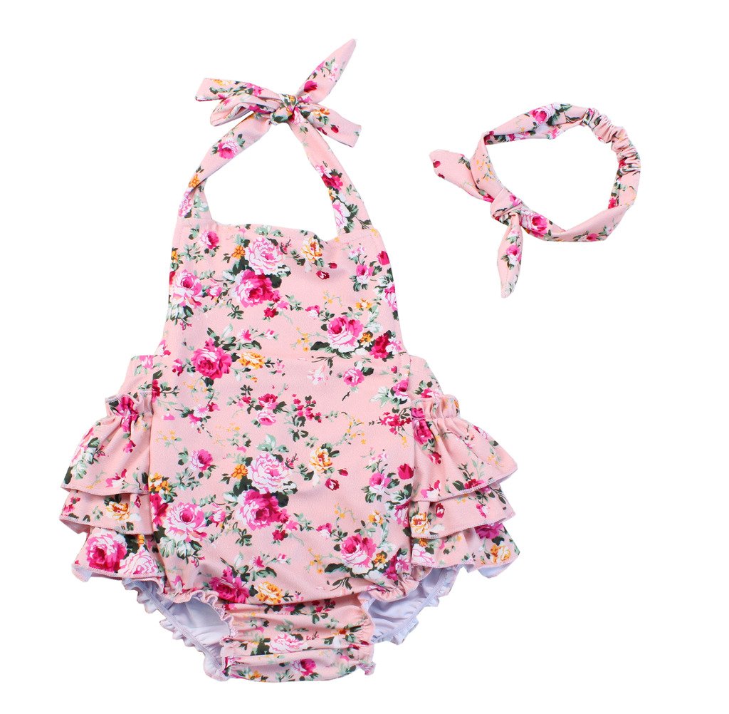 China Rose 50'S Floral Ruffles Rompers Backless Dress Bathing Suit Swimwear (0-12 Months,Pink)