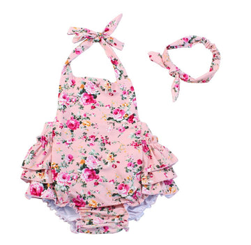 China Rose 50'S Floral Ruffles Rompers Backless Dress Bathing Suit Swimwear (0-12 Months,Pink)