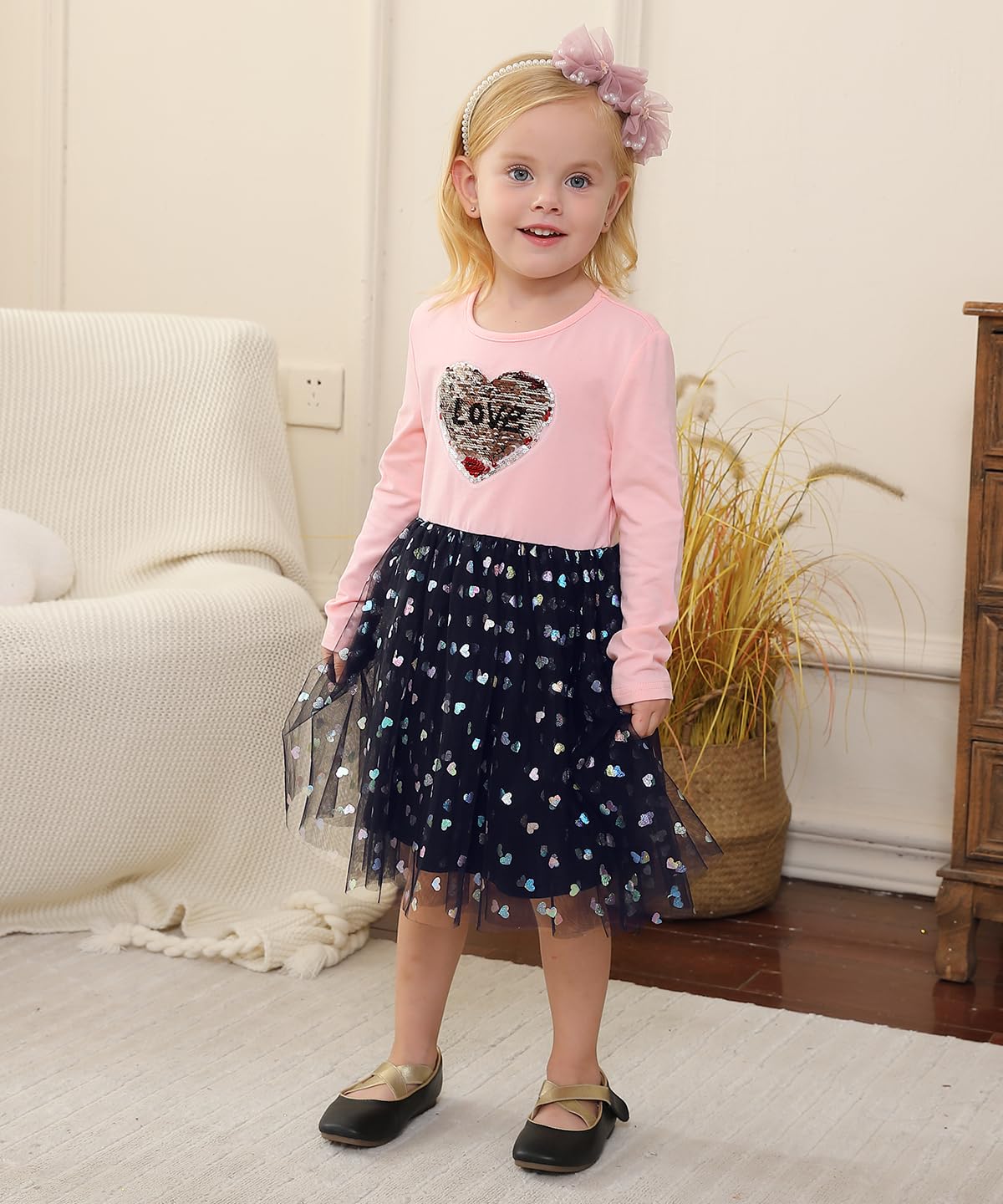 Toddler Tutu Dress Girls Baby Pink Sequin Heart Love Flower Tulle Long Sleeve Party Girl Valentines Day Dresses 18 24 Months