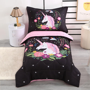 Wowelife Unicorn Toddler Bedding Set, Premium 4 Piece Toddler Bedding Sets For Girls, Rainbow Flower Bed-In-A-Bag, Super Soft An