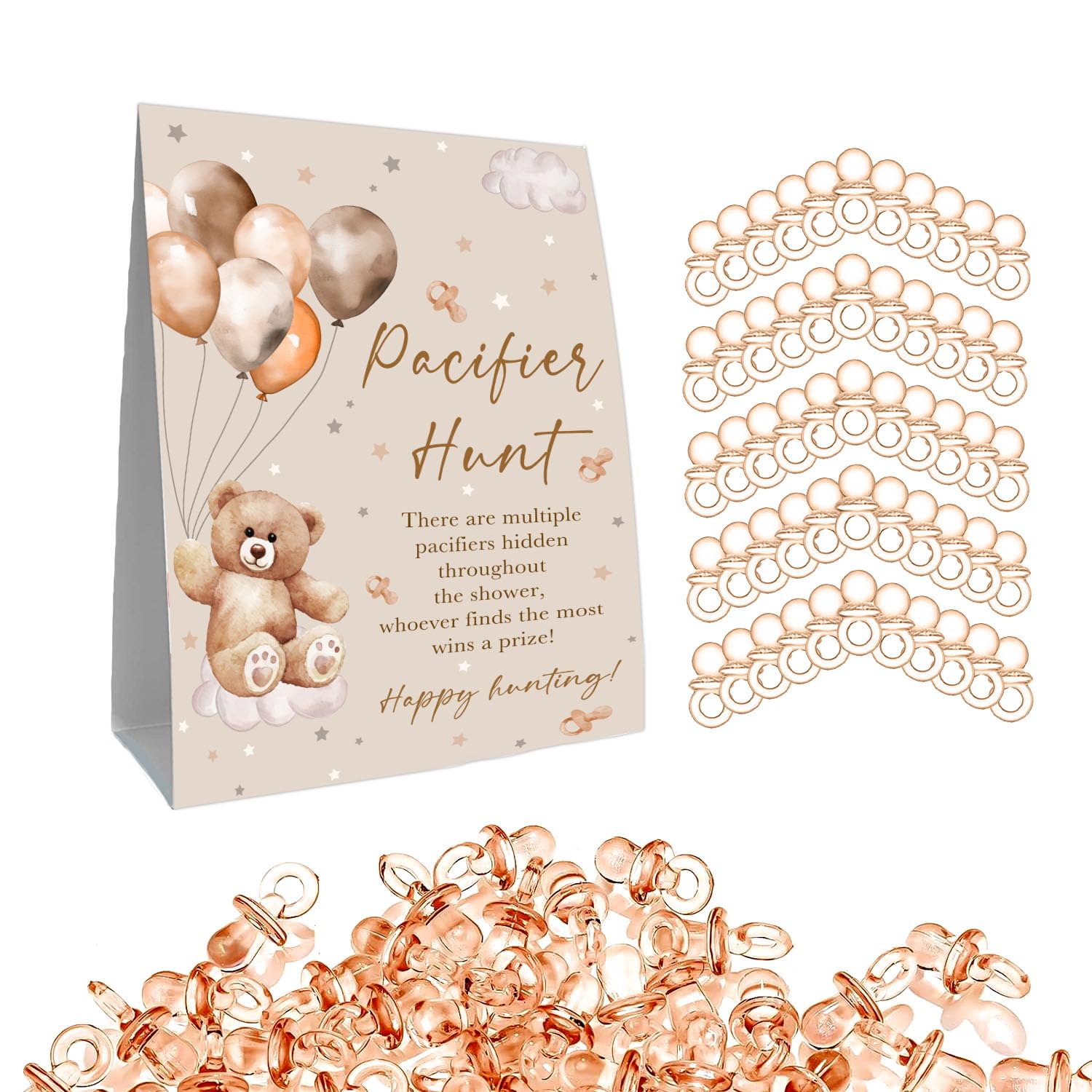 Guawubiang Winnie Pacifier Hunt Baby Shower Game, Pooh Mini Pacifiers Baby Shower Games Set, 50Pcs Brown Mini Baby Pacifiers For