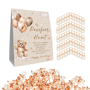 Guawubiang Winnie Pacifier Hunt Baby Shower Game, Pooh Mini Pacifiers Baby Shower Games Set, 50Pcs Brown Mini Baby Pacifiers For