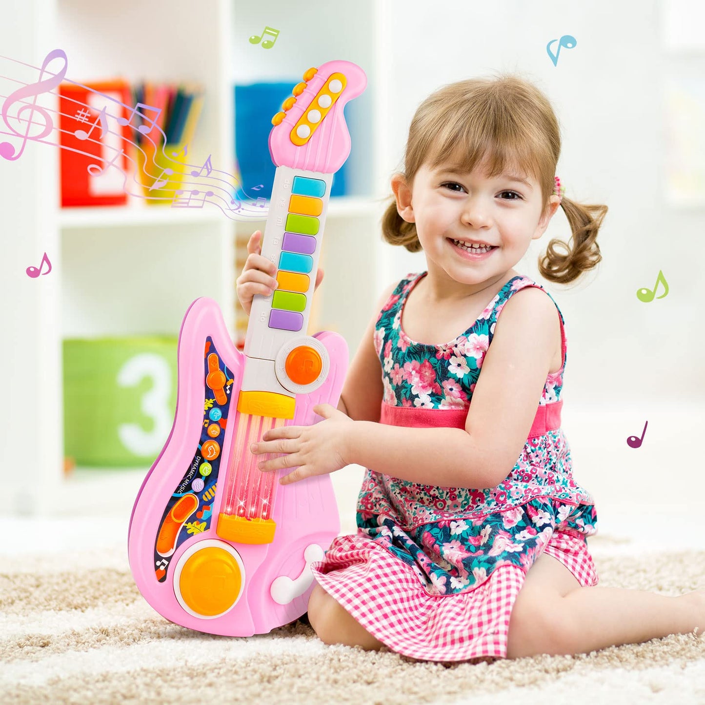 Kids Guitar, Perkidern Kids Electric Guitar Toy Toddler Guitar with Piano Mode Baby Guitar Children Guitar with Strap and Lights