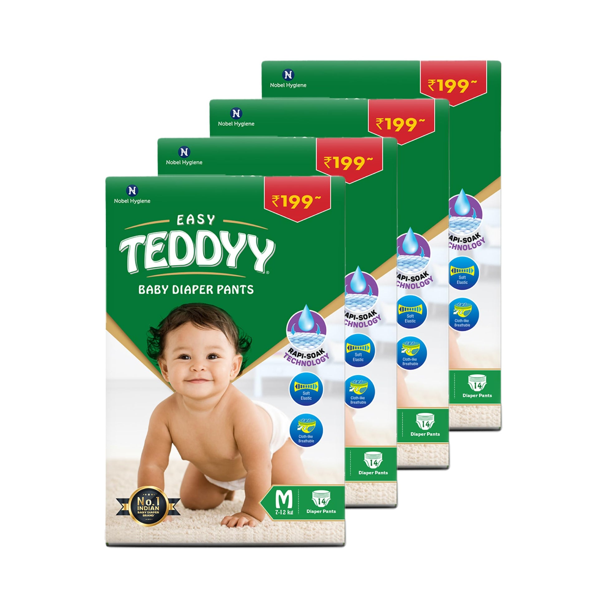 Teddyy Easy Baby M Size Diaper Pant Style | 56 Count (Medium) | 712 Kg (Pack Of 4) | Long Protection Hours | AntiBacterial | A