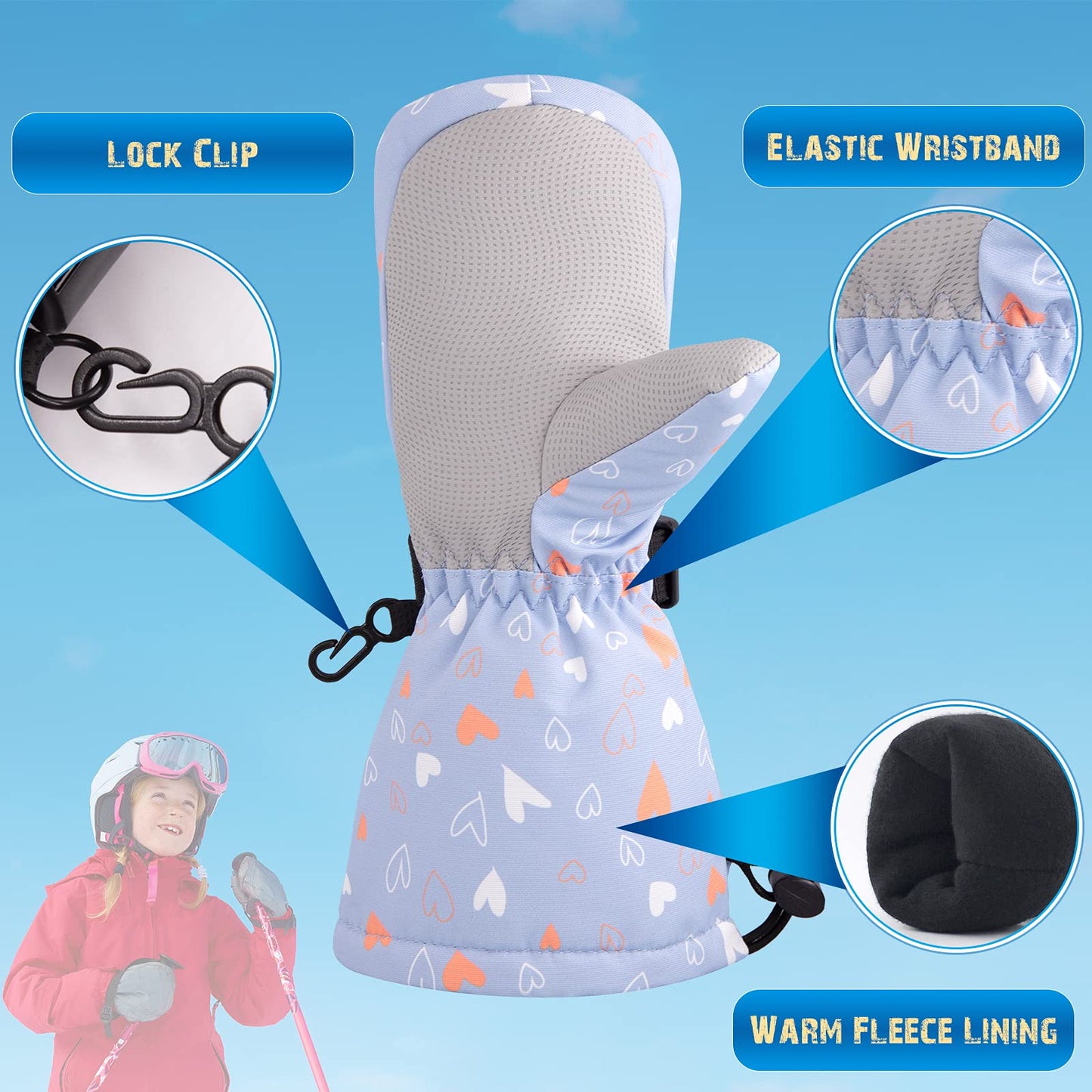 Bavst Winter Kids Waterproof Gloves For Boys Girls Snow Ski Toddler Baby Mittens Outdoor For Infant Teens 1-5T (N-Grey Love, M(2