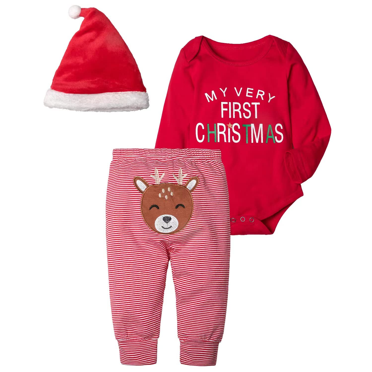 Agapeng Christmas Outfits Baby Girls Boys My First Christmas Rompers Onesie + Stripe Deer Print Pants + Christmas Hat 6-9Months