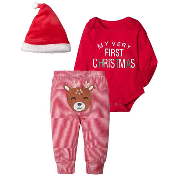 Agapeng Christmas Outfits Baby Girls Boys My First Christmas Rompers Onesie + Stripe Deer Print Pants + Christmas Hat 6-9Months