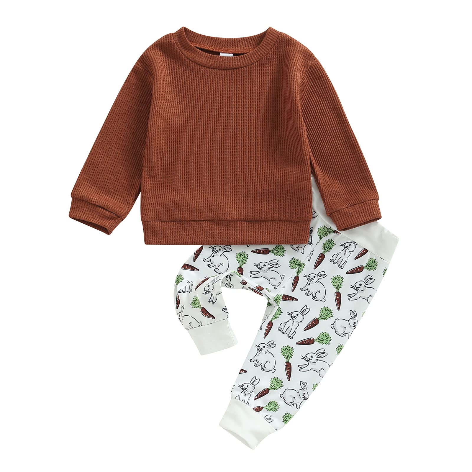 Infant Toddler Baby Boy Easter Outfits Long Sleeve Shirts Waffle Sweatshirt With Bunny Pants 2Pcs Spring Outfits (Bunny Brown, 0
