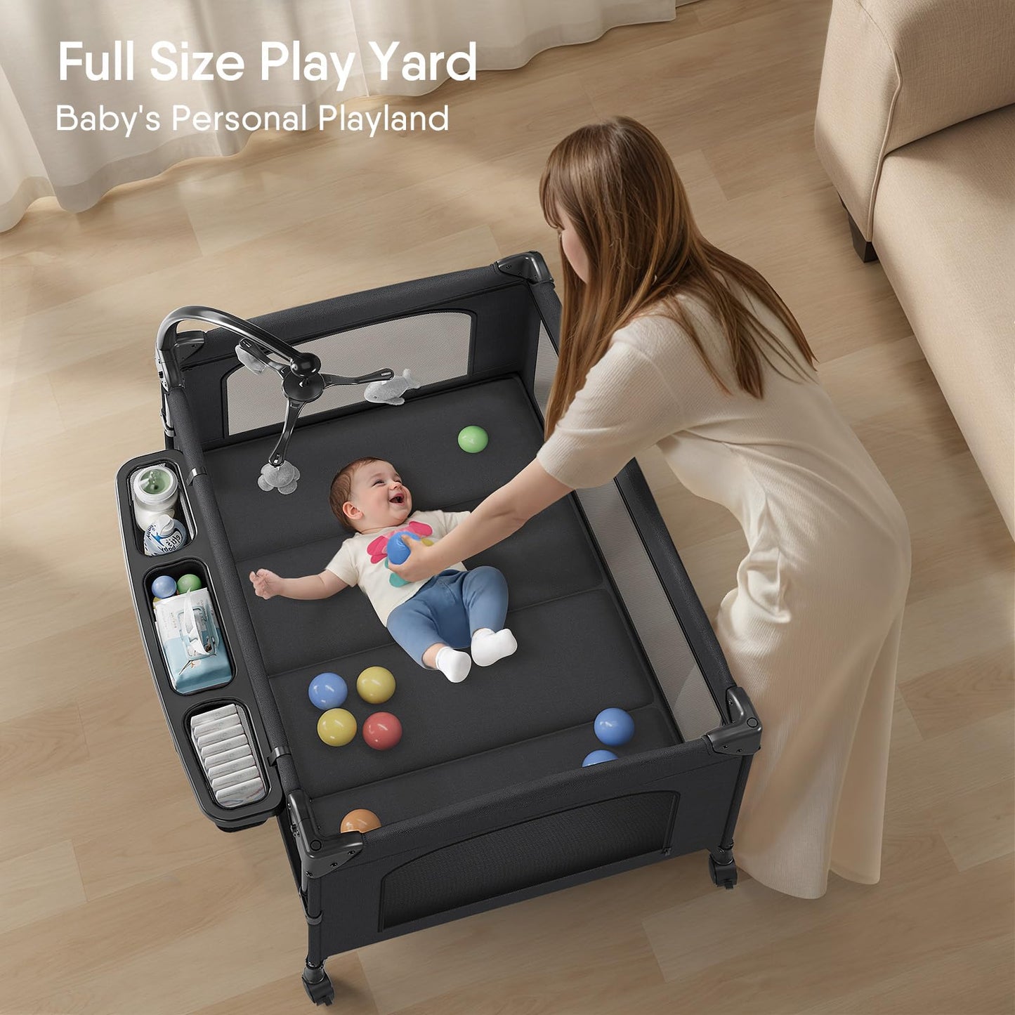 Tinyglow 4 In 1 Baby Bassinet, Pack And Play, Bedside Crib Sleeper, Diaper Changer, Quickly Assembled And Folded Portable Crib W