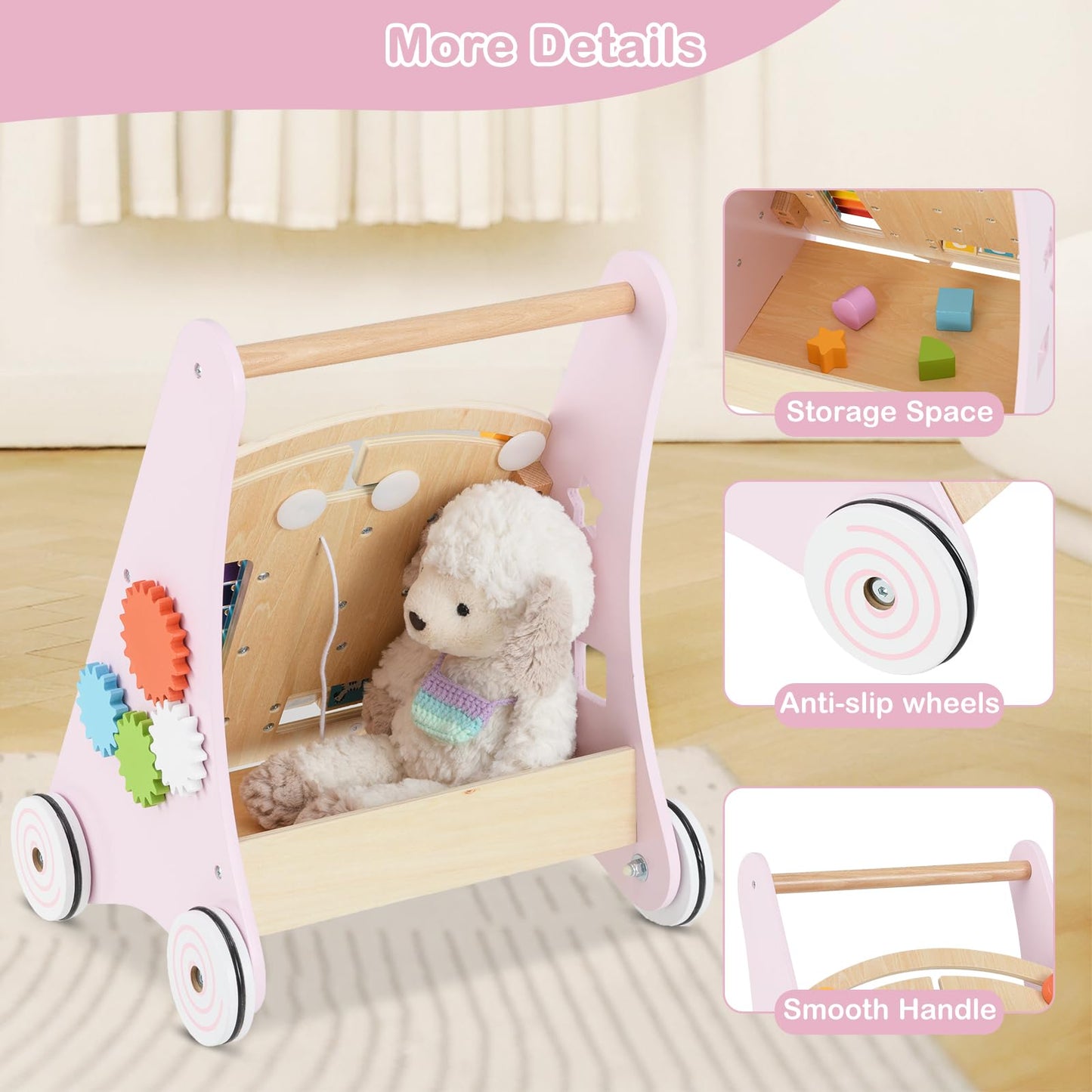 INFANS Wooden Baby Walker, Montessori Walker with Multiple Activity Toys, Storage, Push Walker Toys for Infant Learning to Walk,
