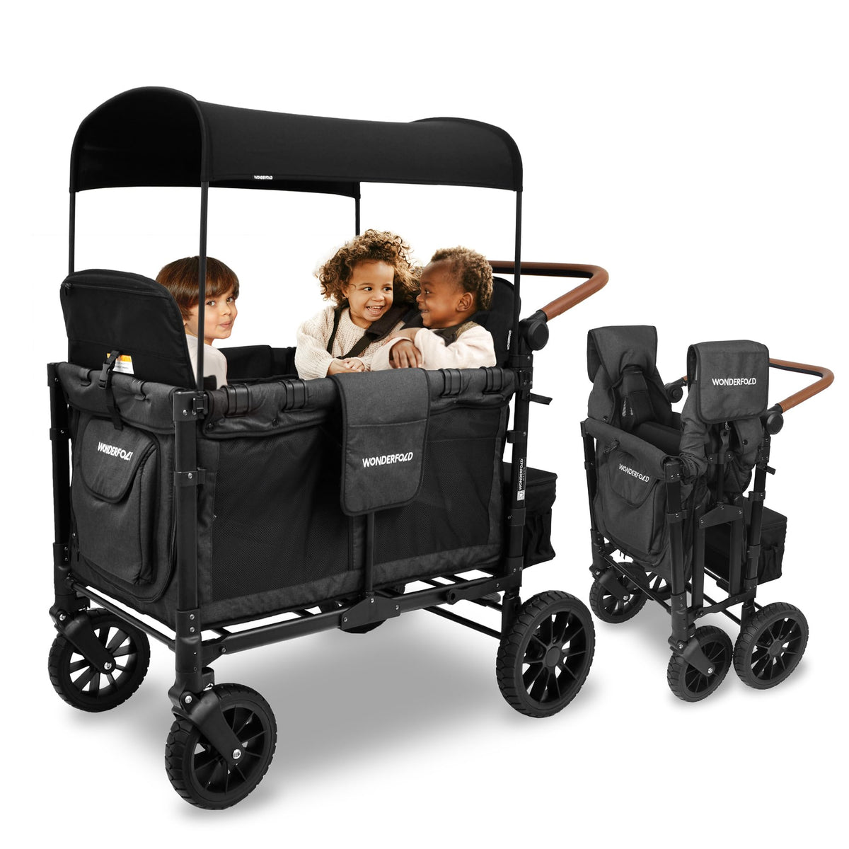 WONDERFOLD W4 Luxe Stroller Wagon (4 Seater)  Collapsible Wagon Stroller with Seats with Magnetic Buckle 5Point Harnesses and 