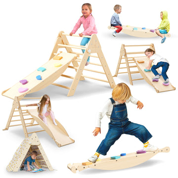6 In 1 Toddler Climbing Toys Indoor - Safe Montessori Climbing Set With Foldable Pikler Triangle Ladder, Reversible Baby Climber