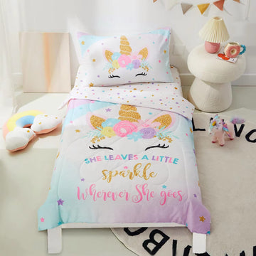 Pinnkku 4-Piece Toddler Bedding Set, Includes 1 Flat Sheet, 1 Fitted Sheet, 1 Comforter And 1 Reversible Pillowcase, Standard To