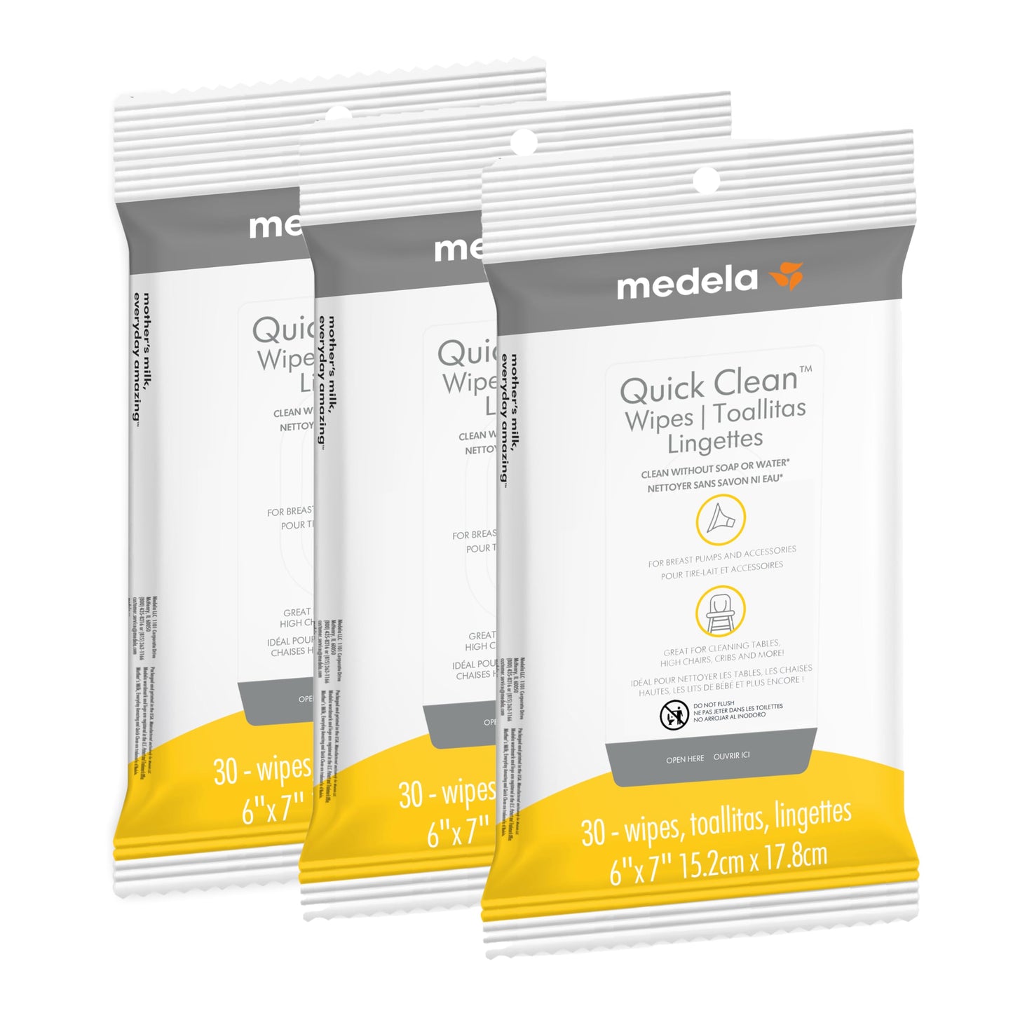Medela Quick Clean Breast Pump and Accessory Wipes 90ct, 3 Packs of 30 Count, Resealable, Convenient and Hygienic On The Go Clea