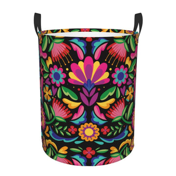 Pevtufa Colorful Floral Embroidery Mexican Foldable Laundry Basket Organizer,Fabric Clothes Toy Storage Basket Nursery Hamper St