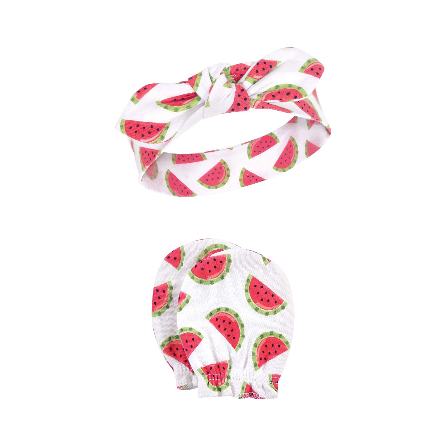Hudson Baby Infant Girl Cotton Headband And Scratch Mitten Set Watermelon, 0-6 Months