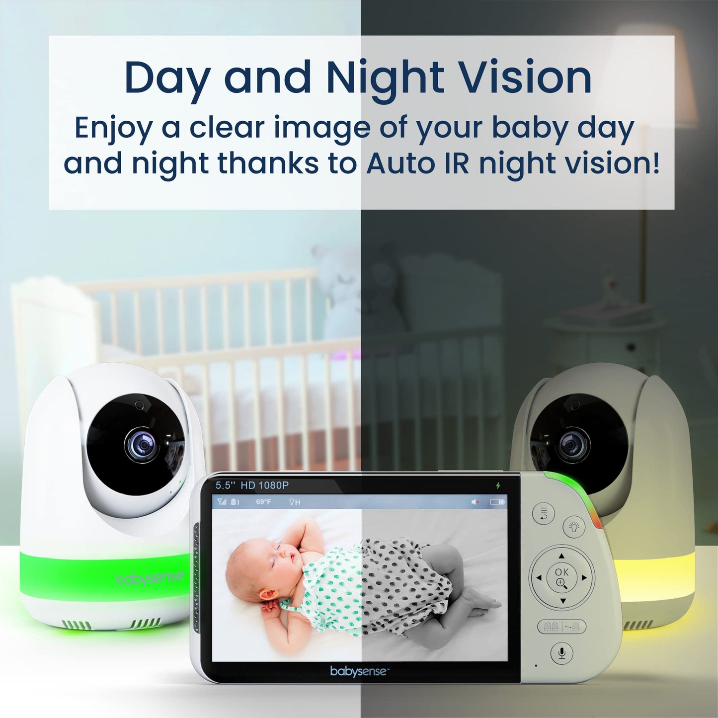 Babysense 5.5    1080P Full Hd Split-Screen Baby Monitor, Video Baby Monitor With 2 Cameras And Audio, 6-Color Rgb Night Light,
