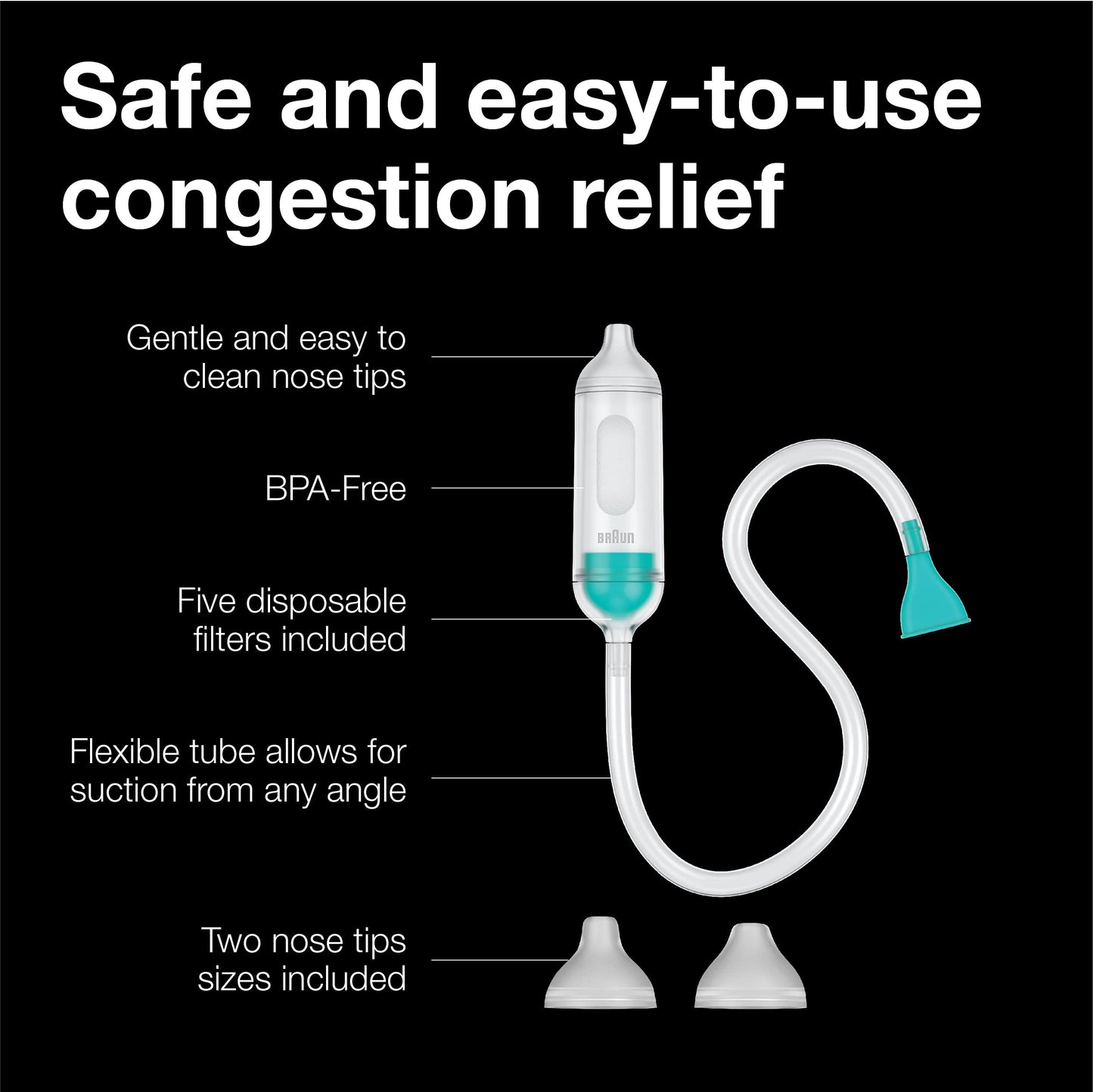 Braun Manual Nasal Aspirator - Mucus Remover, Blocked Nose Relief, Manual Suction Power, 2 Nose Tip Sizes, Newborn, Baby, And Ch