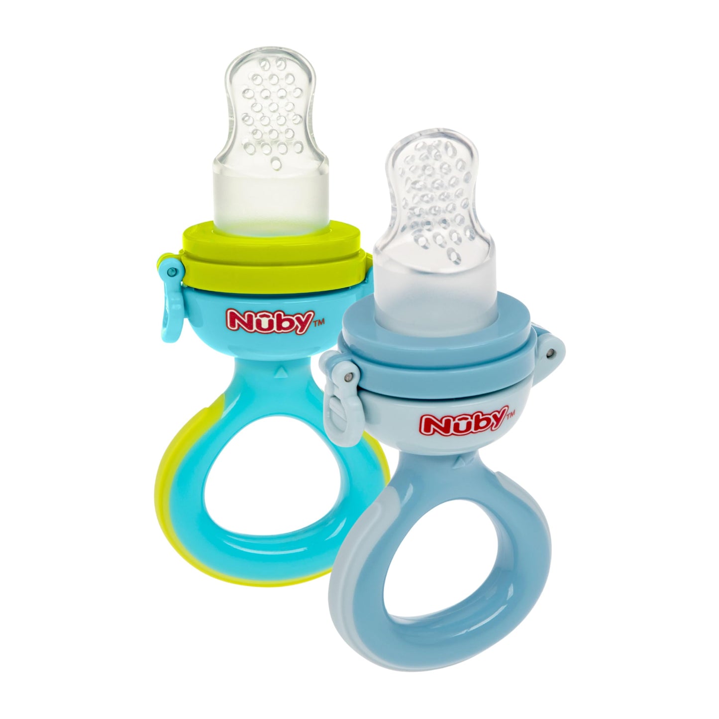 Nuby Babys First Food Dispenser With Hygienic Cover | Babys First Soft Foods And Teething | 2 Pack: Aqua & Blue Or Pink & Aqua |