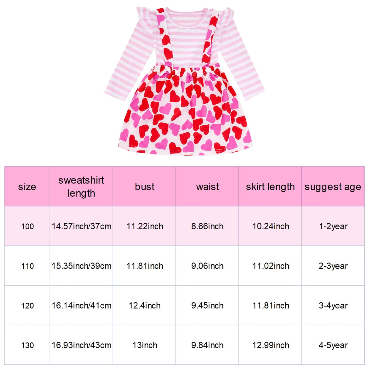 Hoyuwak Outfit For Toddler Pink Ruffled Long Sleeve Striped Shirt Top And Heart Printed Skirt Set For Valentine'S Day