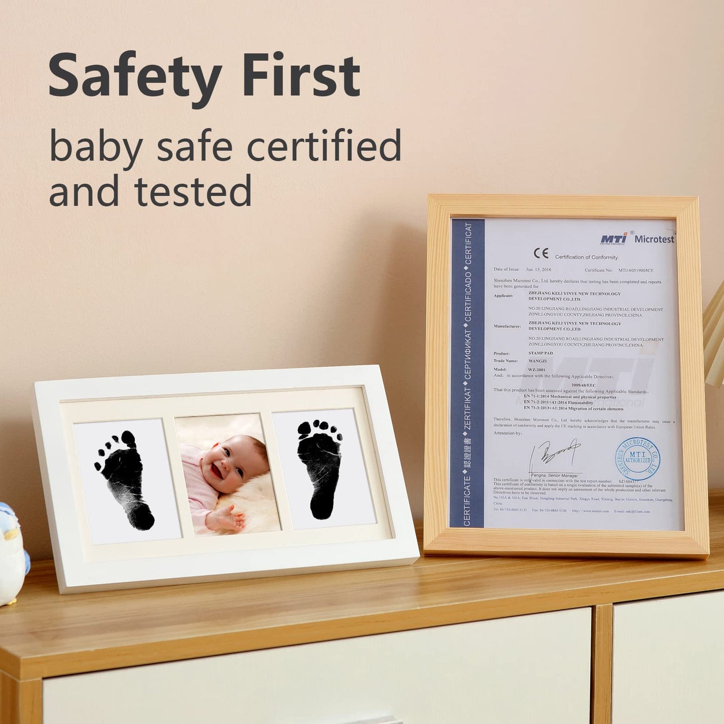 Pewingo Baby Hand And Footprint Kit,Inkless Baby Handprint Kit With 2 Safe Clean-Touch Ink Pads And A Wooden Baby Picture Frame