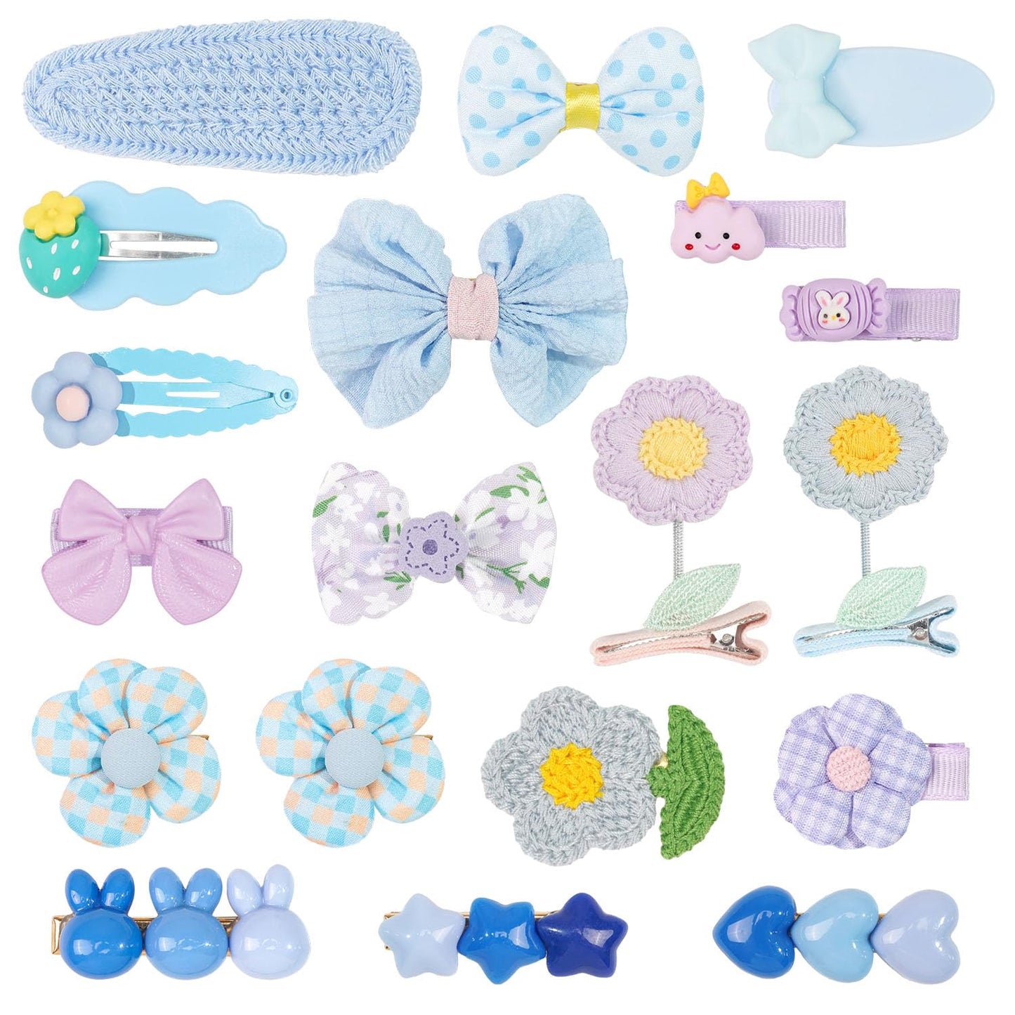 BBGifts Hair Clips for Girls 19 Pcs Assorted Barrettes for Kids Spring Flower Bows Heart Purple Blue Cute Hair Accessories for L