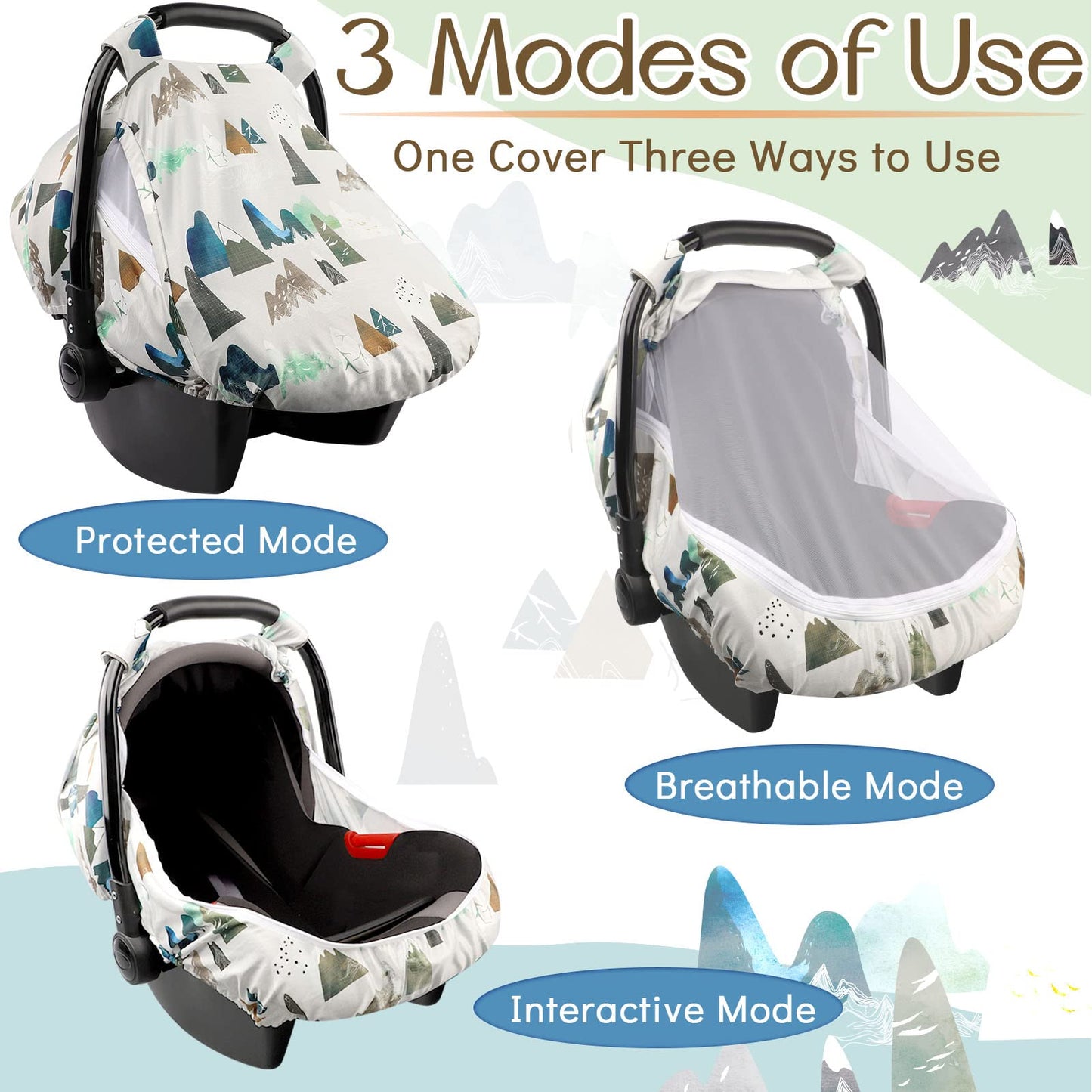 Baby Car Seat Cover, Adventure Mountains Carseat Canopy For Babies, Infant Carseat Cover, Summer Cozy Net Cover, Universal Fit,