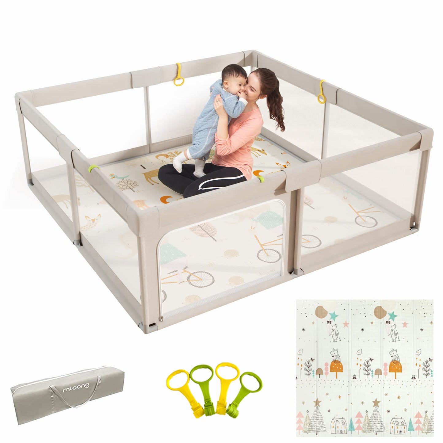Mloong Baby Playpen with Mat, 59x59 Inches Extra Large Playpen for Babies and Toddlers, Indoor & Outdoor Activity Center, Safety