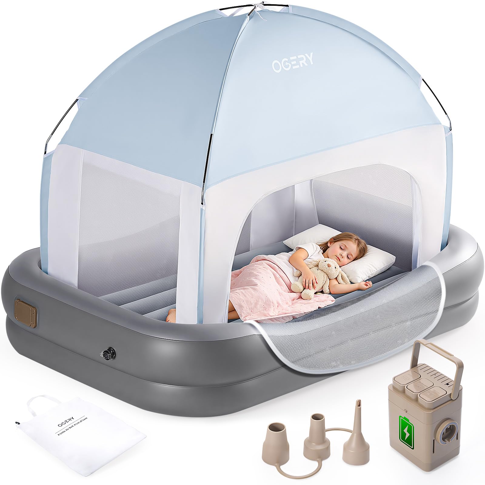 OGERY Inflatable Toddler Travel Bed with Tent, Portable Kids Air Mattress with Built-in Electric Pump,Portable Toddler Bed with 