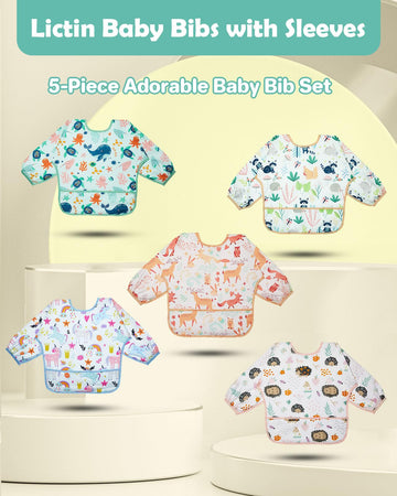 Lictin Long Sleeve Bibs 5 Pack - Baby Bibs For Girl, Waterproof Toddler Bibs, 0-24 Months Neutral Baby Smock For Eating, Reusabl