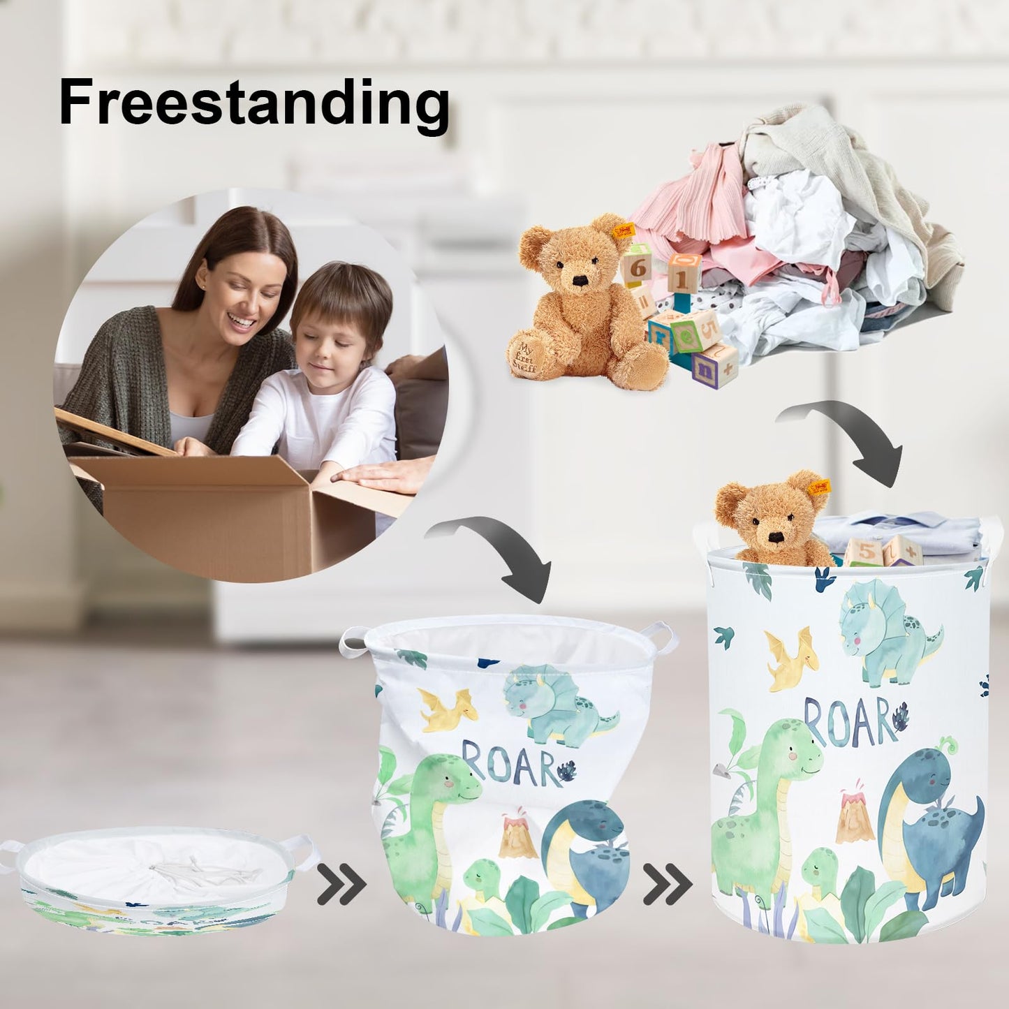 Clastyle 45L Cartoon Green Dinosaur Laundry Basket With Handle Round Bedroom Bathroon Toys Clothes Storage Basket For Nursery