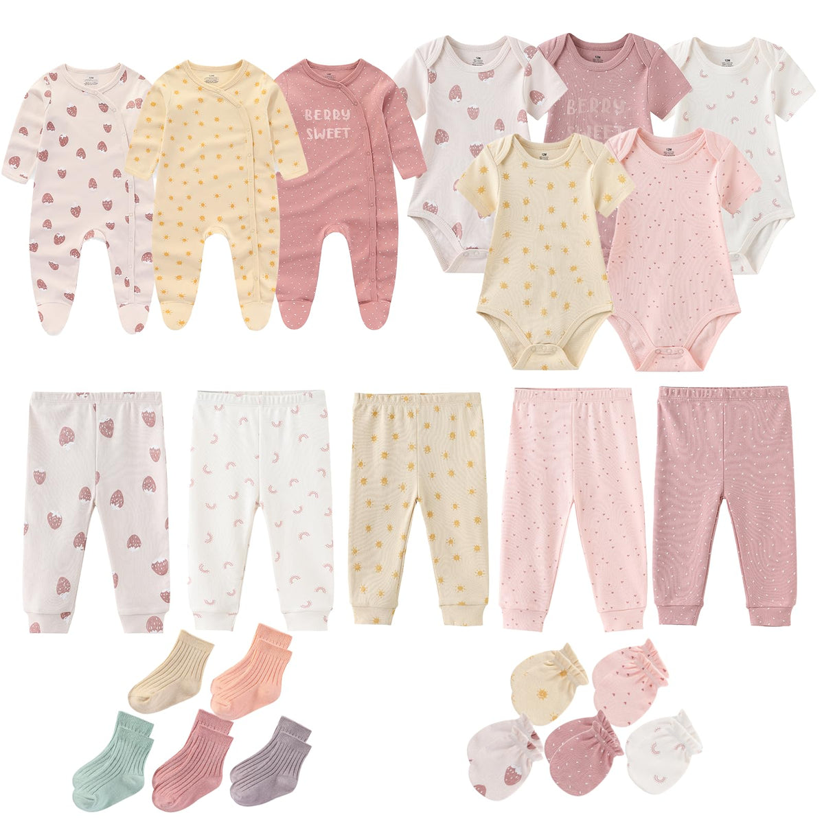 Zavbaby Baby Girls Boys Layette Gift Set 23 Piece New Born Bodysuits 100% Cotton Clothes Unisex Outfit, Pink+Yellow, 36 Months