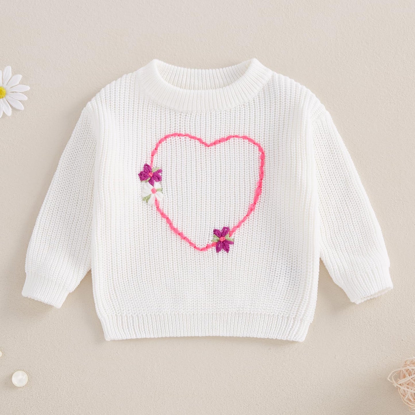 Nokpsedcb Baby Girl Cute Long Sleeve Heart Flowers Embroidery Oversized Sweater Toddler Valentine Outfit (White, 2-3 Years)