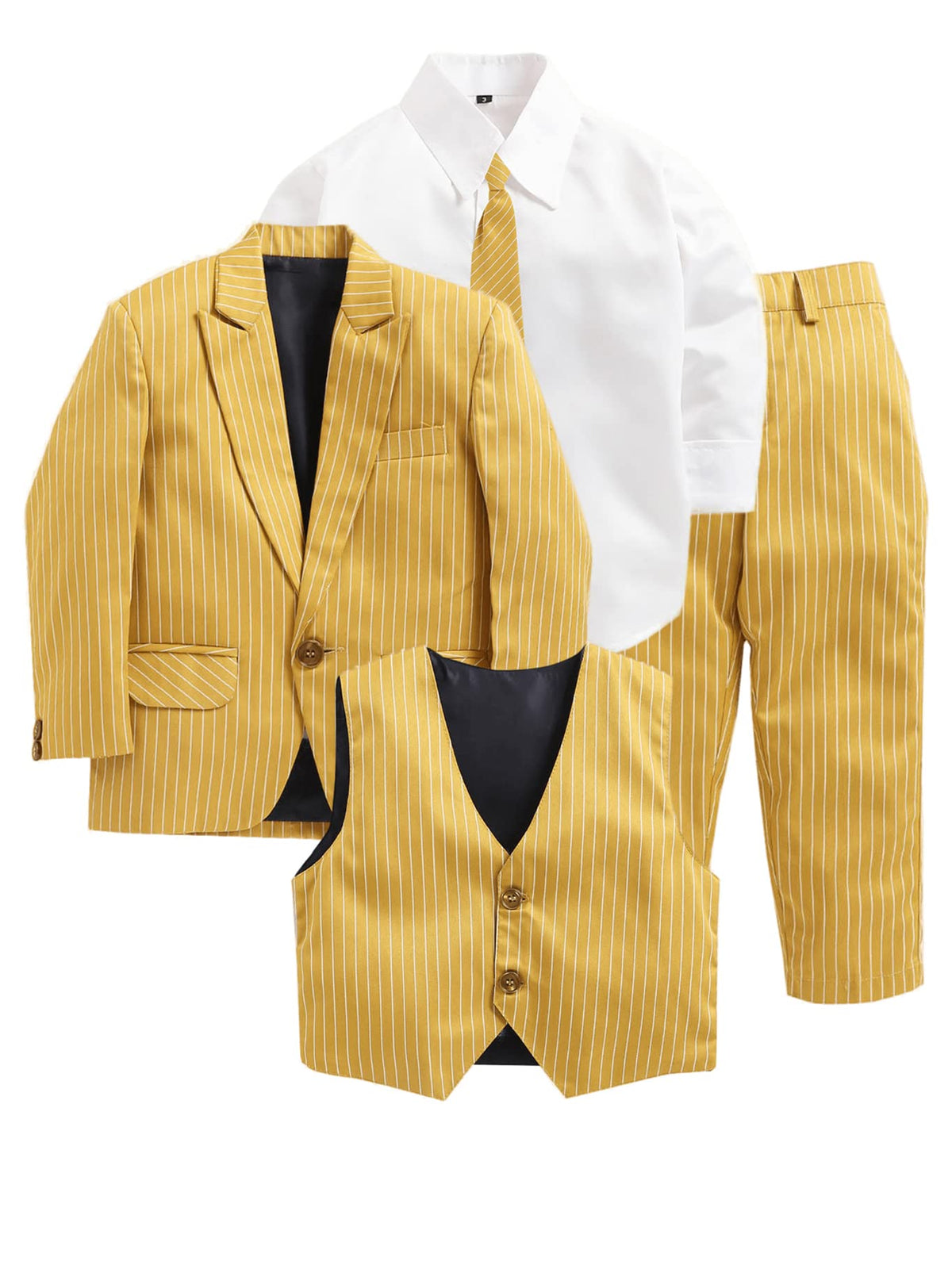 Jeetethnics Boys Yellow Striped Coat Suit Set With Waistcoat Shirt And Trousers (9077Hh)