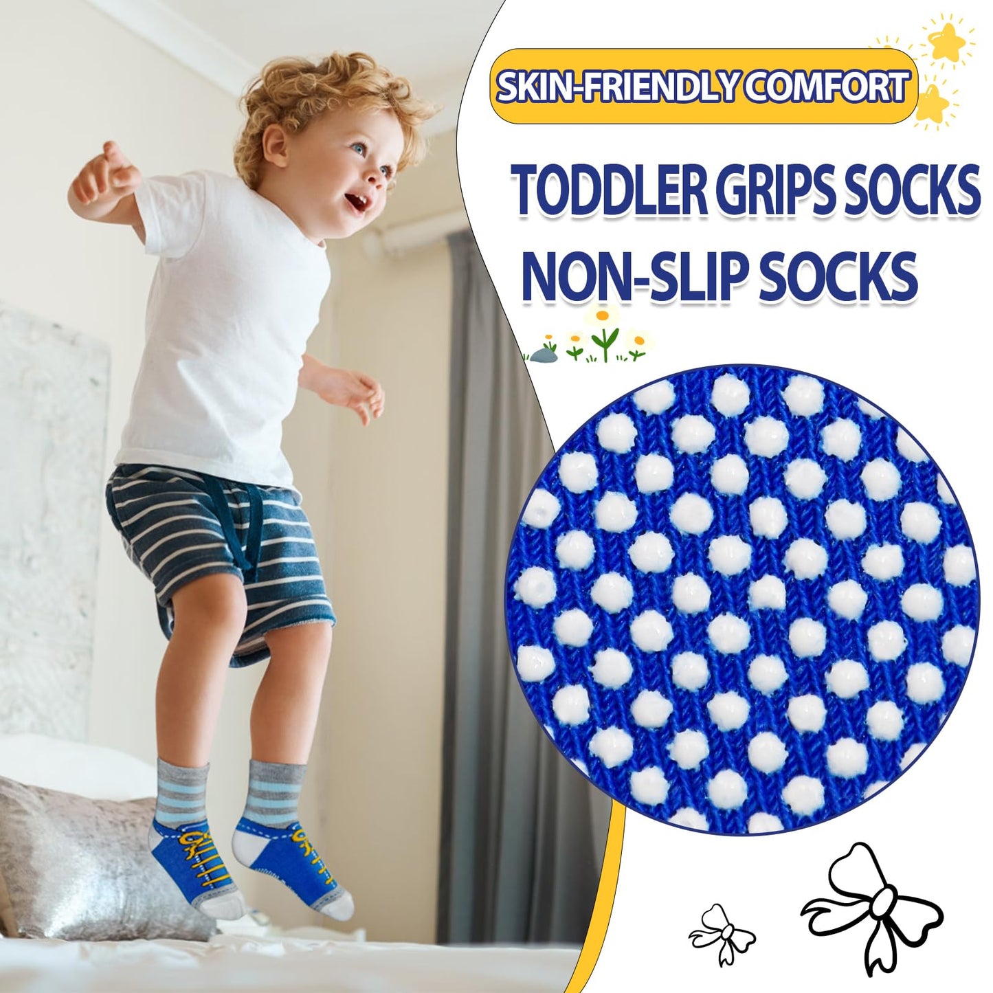 Hycles Toddler Socks With Grip Non-Skid 12 Pairs Baby Kids Sticky Slipper Cotton Crew Socks 3-5T Children/Boy/Girl