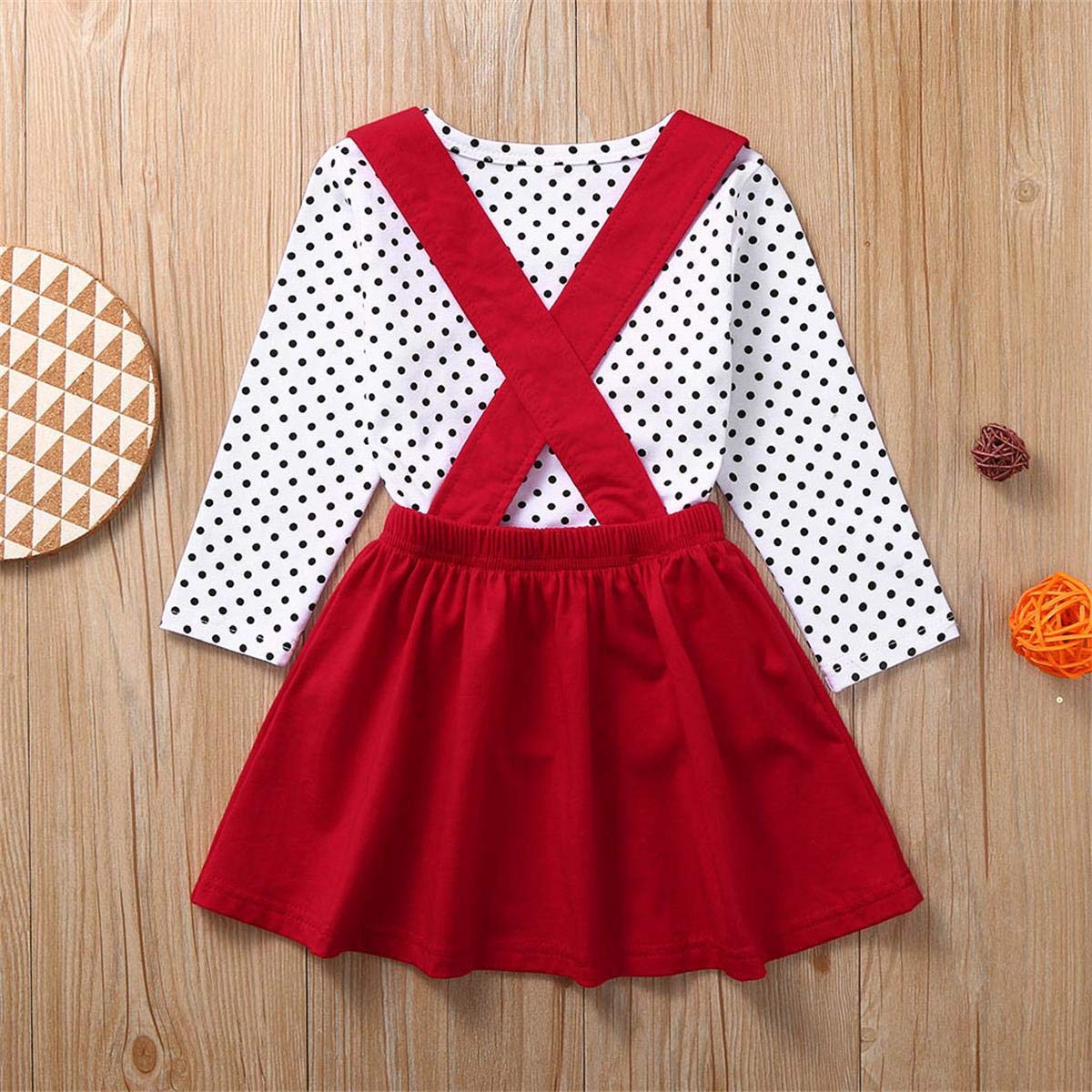 Modntoga Toddler Baby Girl Valentine'S Day Outfit Long Sleeve Dot Heart Shirt Top+Suspender Strap Red Skirts Set(18M-7Y) (Red, 6