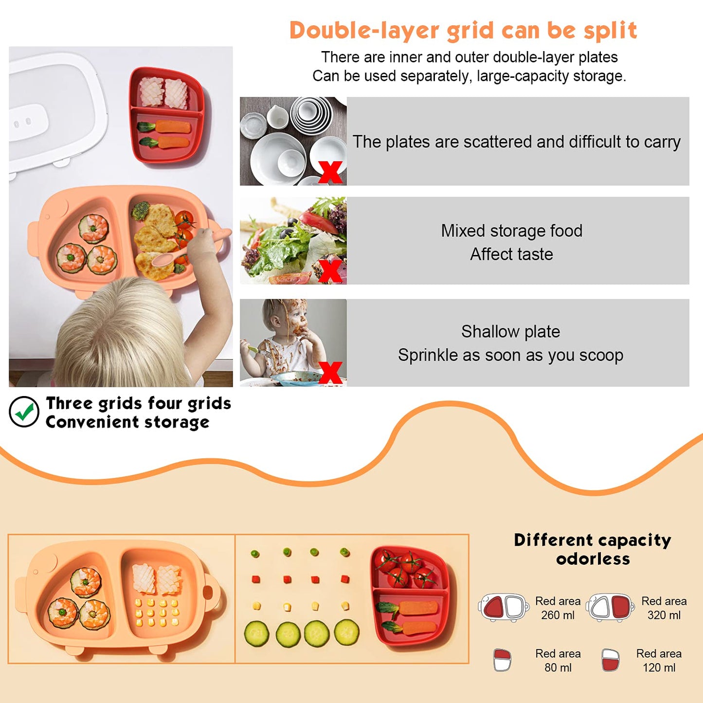 Kids Divided Plate, 3 Pcs(Plate With Lid And Inner Dish), Toddler Dishes Tableware, Dishwasher-Safe For Baby Feeding Dinner Plat
