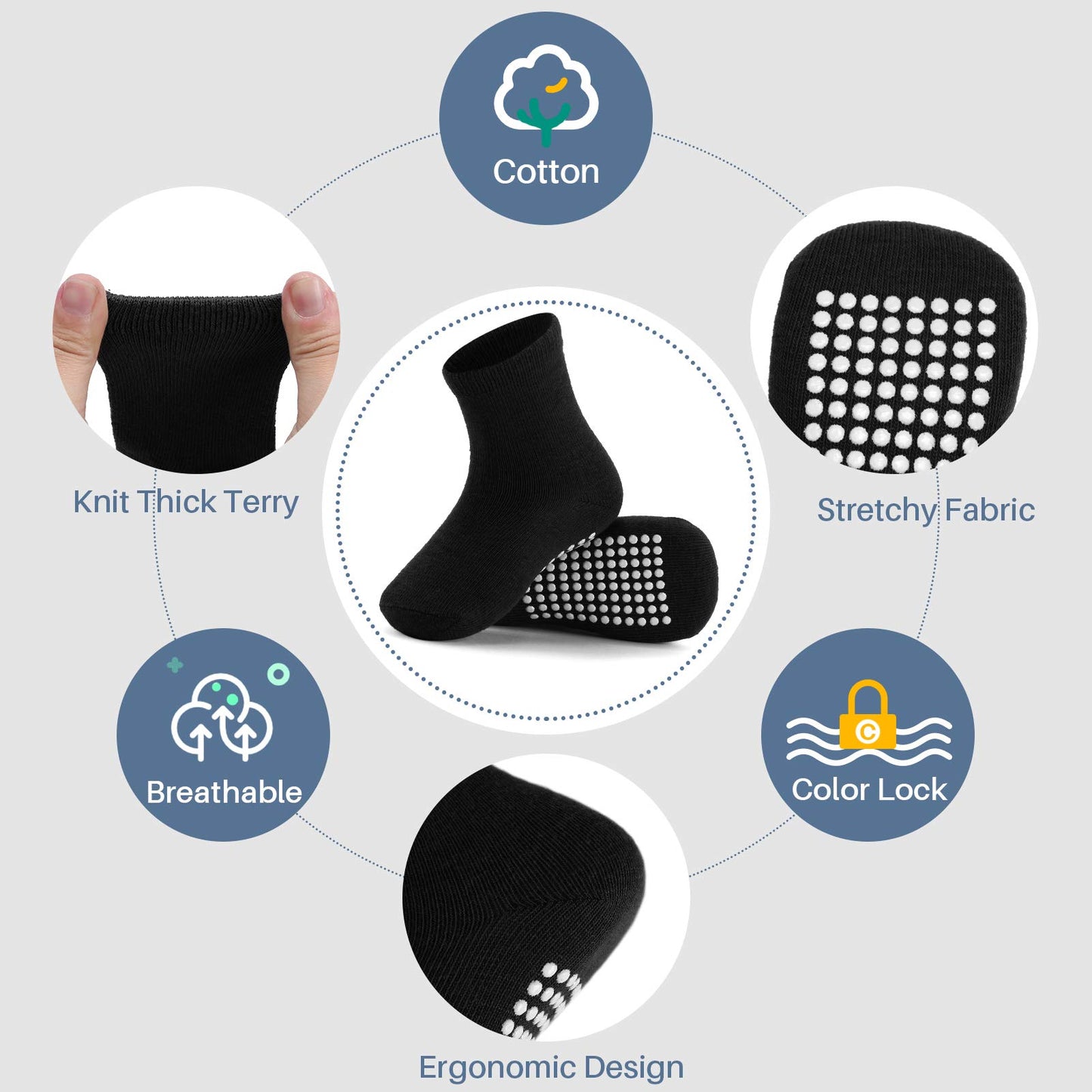 Jakidar 12 Pairs Baby Socks Cotton Crew Toddler Socks Grips Non Slip Bottom Kids Socks, Black 6-12M