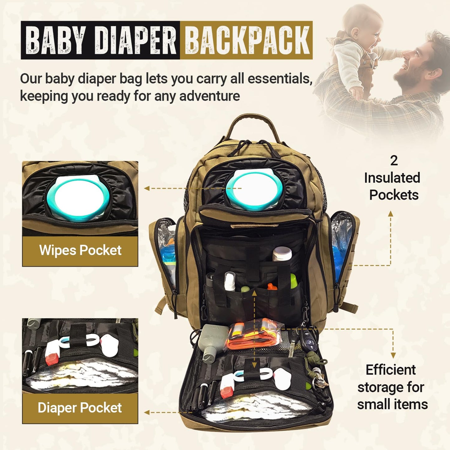 Highspeeddaddy - Original Baby Diaper Backpack, Military-Grade, Waterproof Baby Travel Bag For Dads & Moms, Lay-Flat Design With