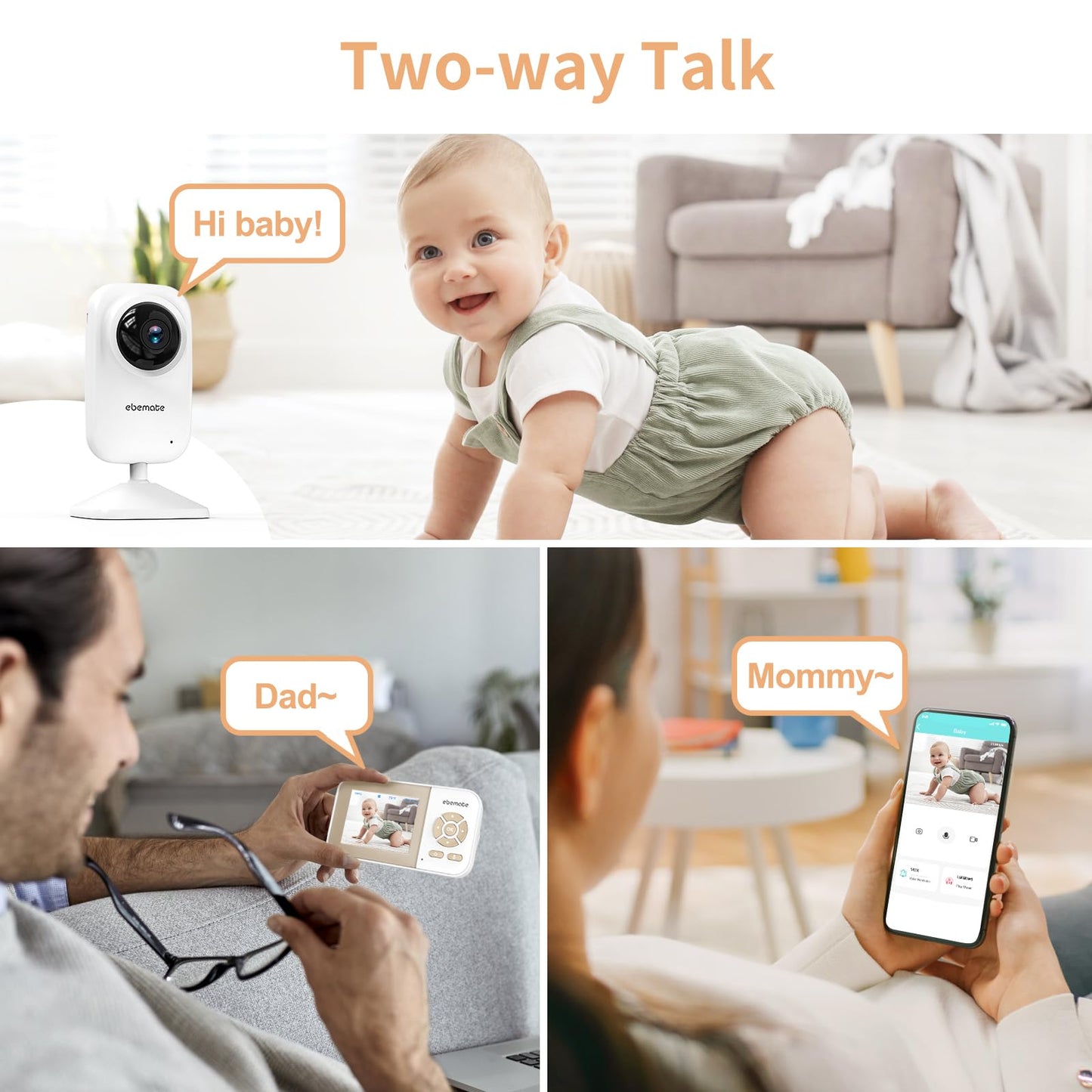 Ebemate Video Baby Monitor Camera With 2 Camera,2.8 ' Lcd Screen Video & Audio No Glow Night Vision,2-Way Talk Audio Cam Baby M