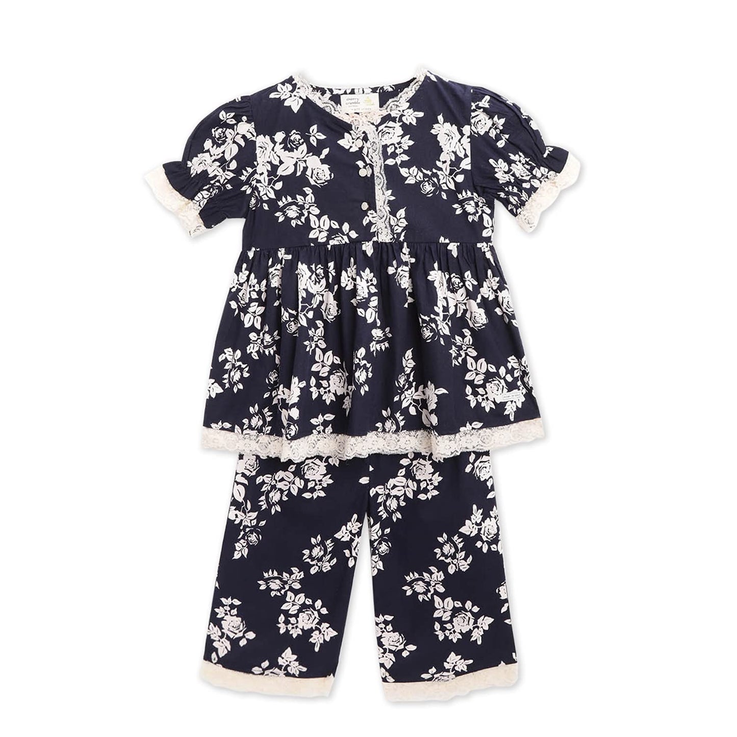Cherry Crumble Navy Blue White Floral Printed 100% Cotton Half Sleeves V Neck Night Wear Regular Fit Lace Summer Nightsuit for G