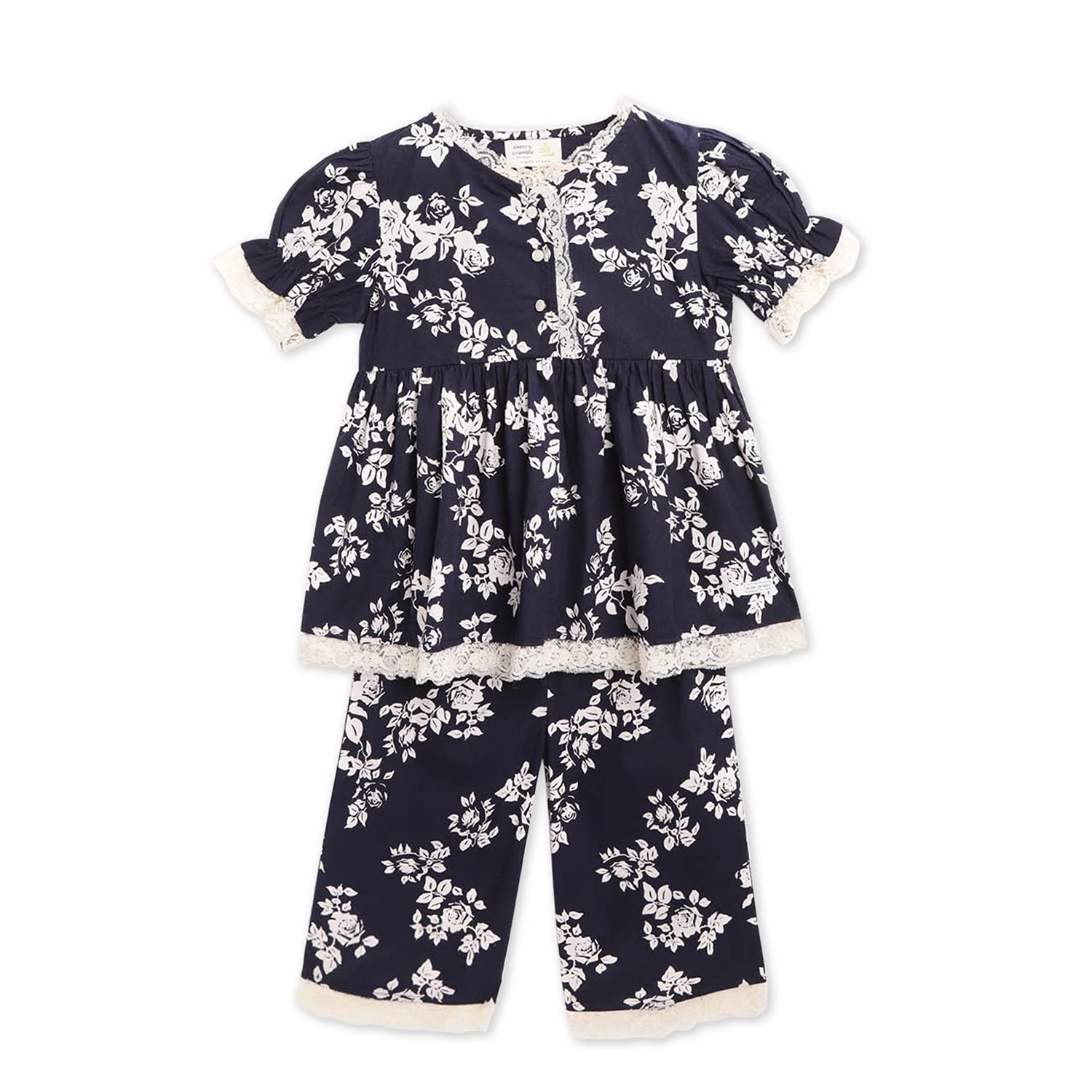 Cherry Crumble Navy Blue White Floral Printed 100% Cotton Half Sleeves V Neck Night Wear Regular Fit Lace Summer Nightsuit for G