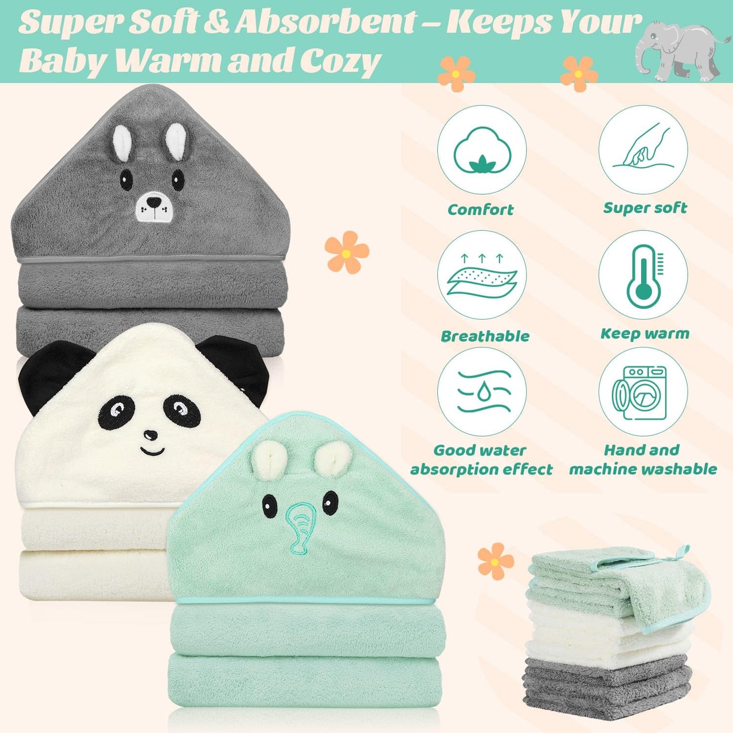 Sublaga 12 Pcs Baby Towels, 3 Pcs Soft Hooded Baby Towels & 9 Pcs Washcloths, Baby Bath Towels For Newborns, Infants & Toddlers-