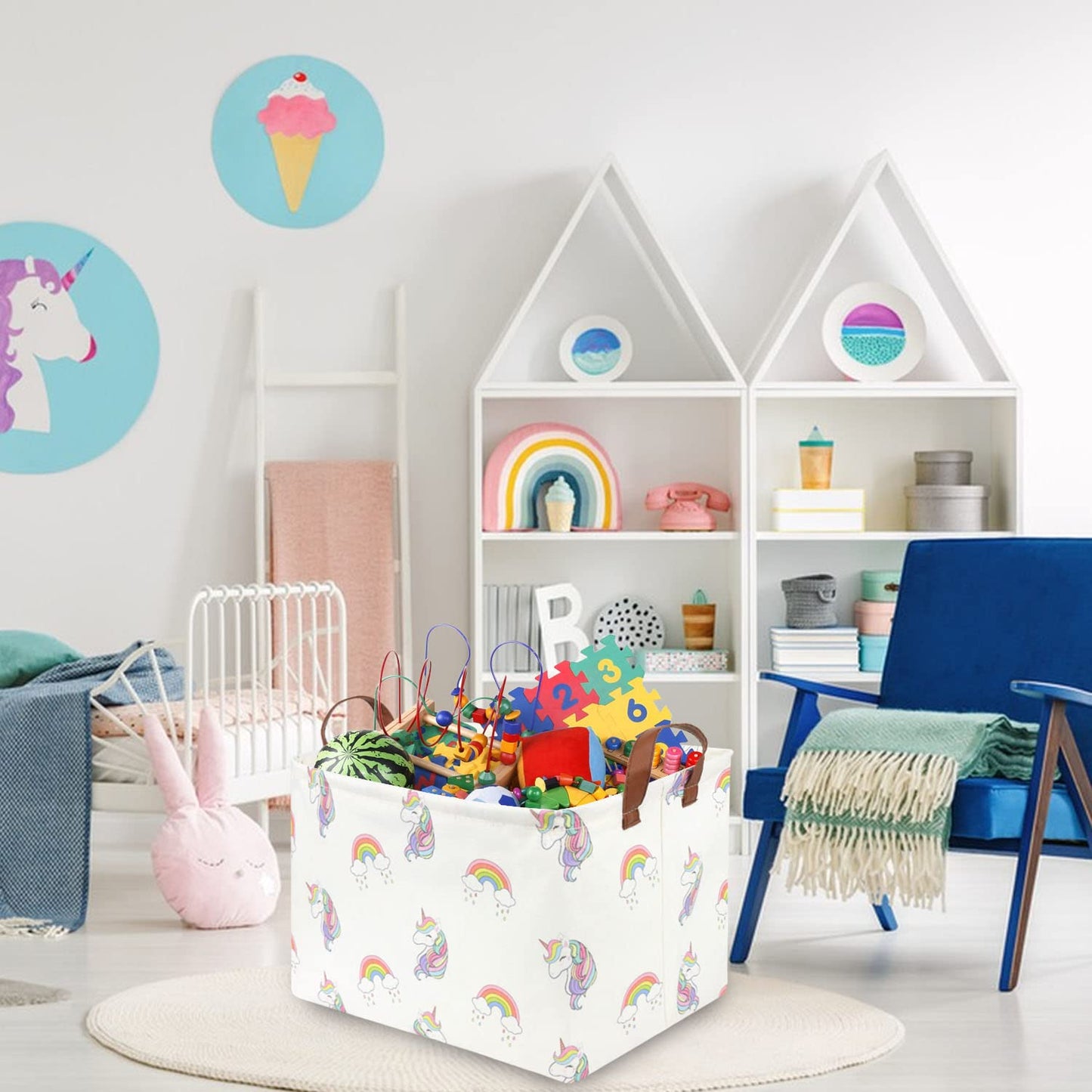 Fxocshe Rectangle Unicorn Laundry Basket,Baby Hamper For Nursery,Toy Storage Organizer, Fabric Cartoon Storage Basket For Kids B