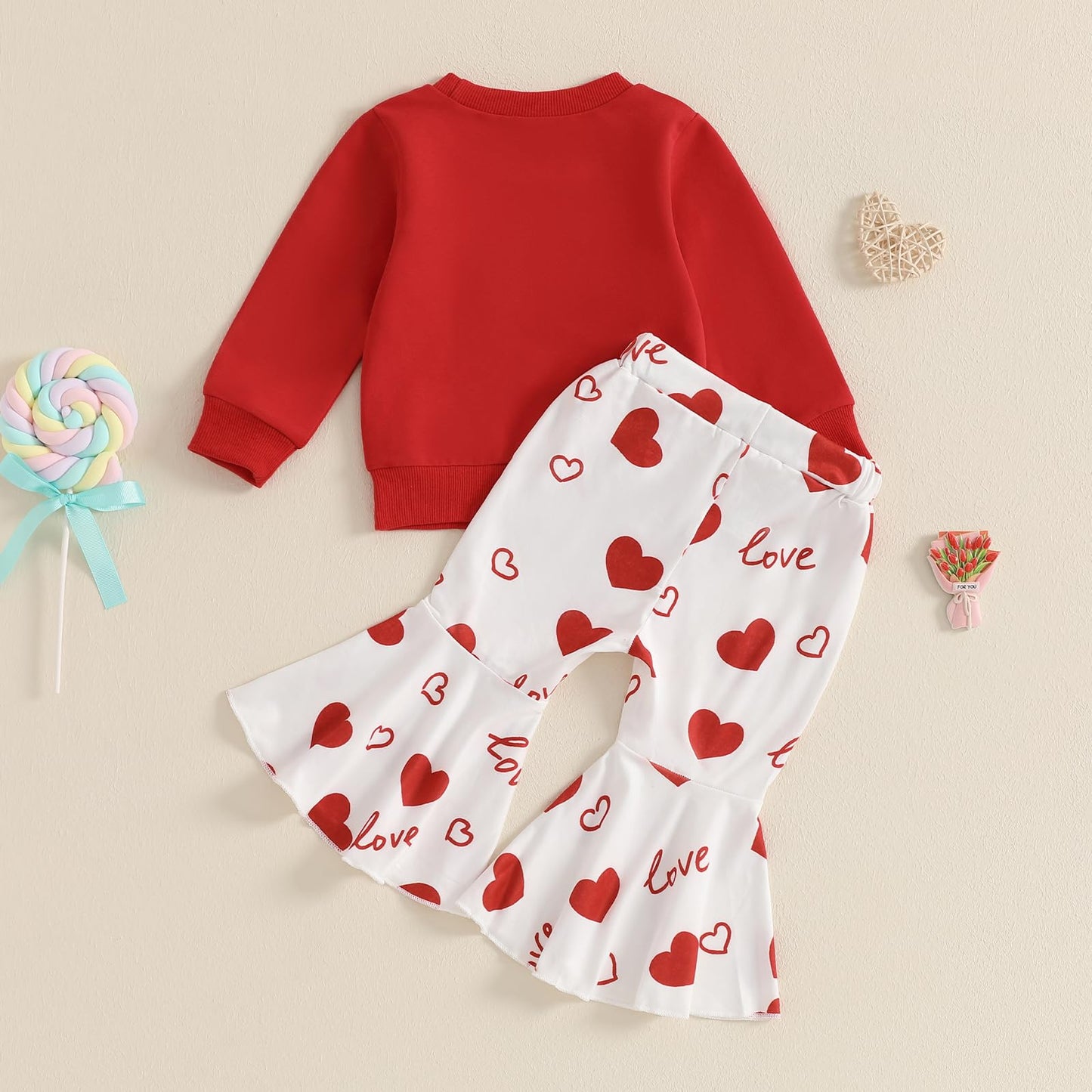 Iddolaka Toddler Baby Girls Valentines Day Outfits Long Sleeve Letter Sweatshirt Shirt Heart Flared Pants Spring Clothes (K-Love