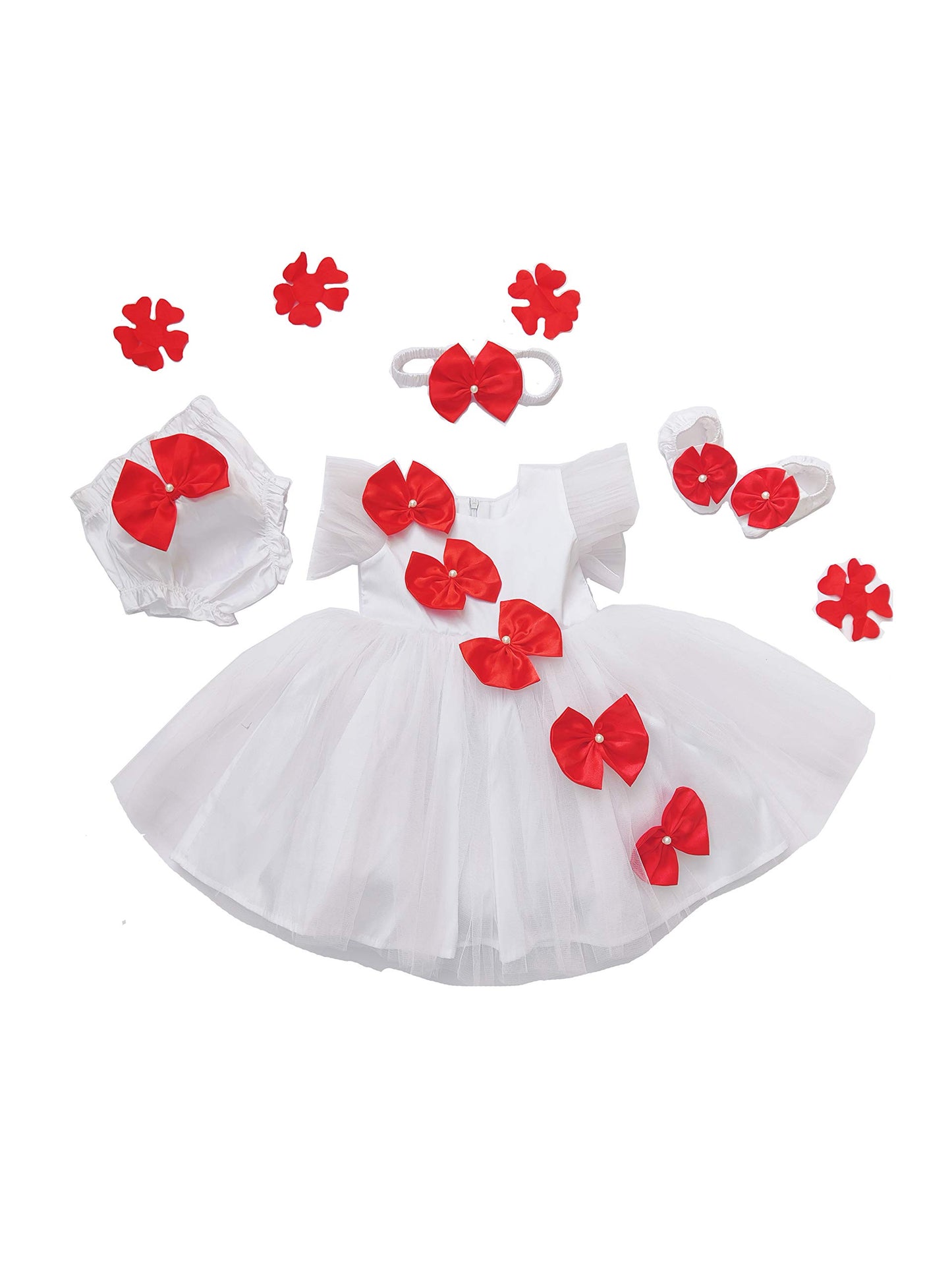 Fairy Dolls Baby Girls Frock Set With Headband, Shoes And Bloomer (White, 12_Months)