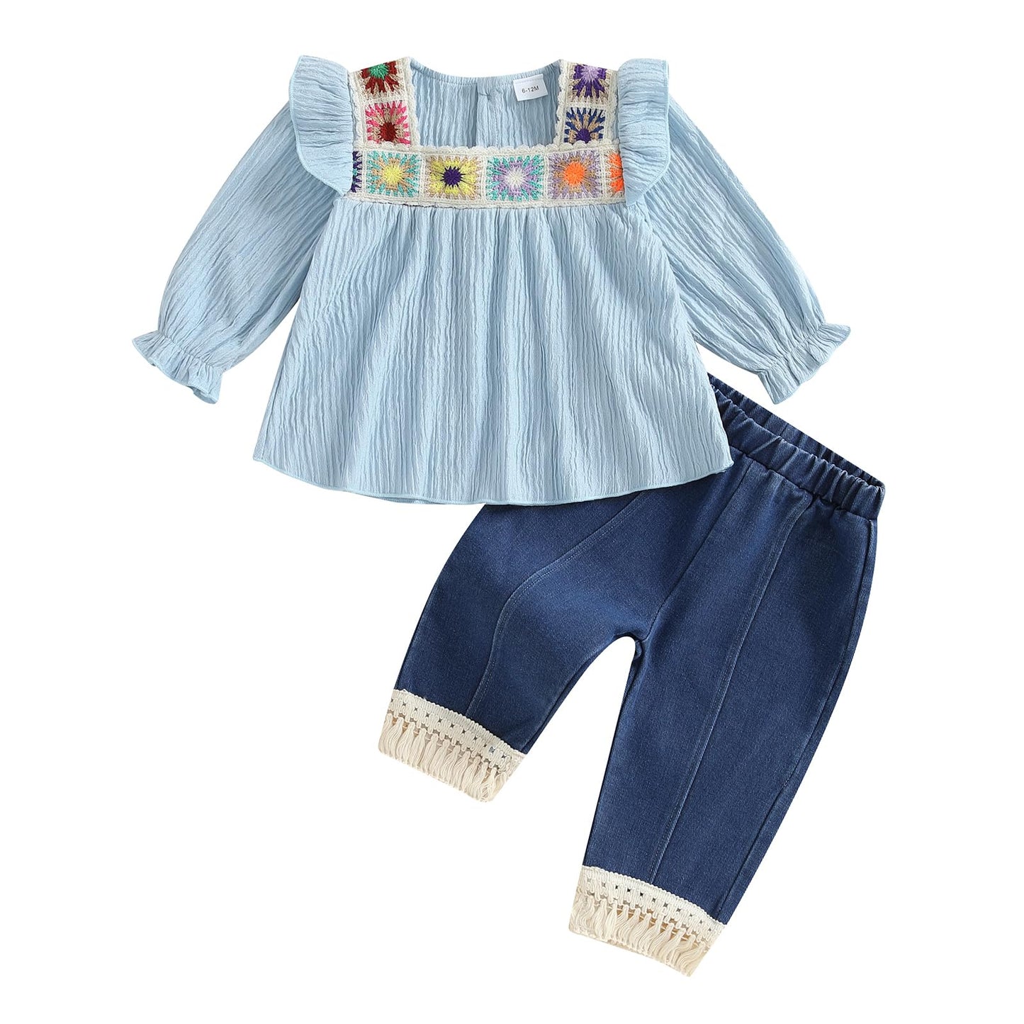 VISGOGO Baby Girl Outfit Crocheted Floral Top Linen 12 18 24M 2T 3T 4T Todder Clothes Tops + Tassel Denim Pants Set (Blue, 18-24